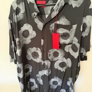 HUGO Black Shirt with Large Gray Floral Print